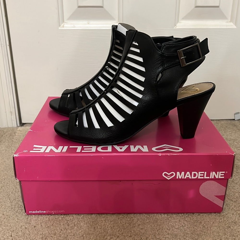 Madeline Wellington “Caged” Heels. Black. Size 8.5  New in box.  Never worn.